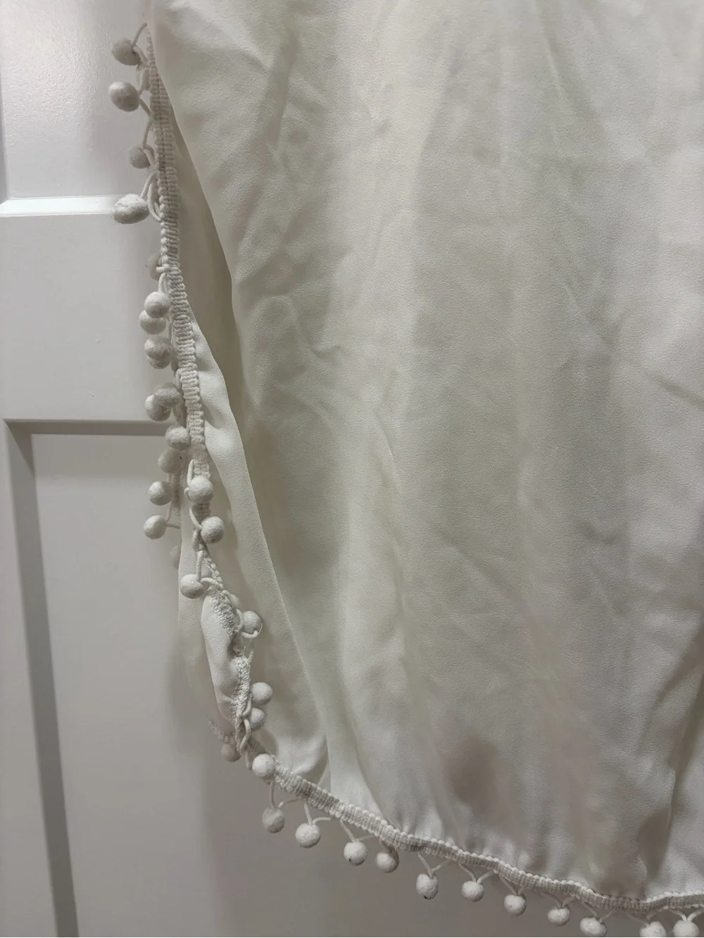 White Lightweight Summer Swimsuit Cover Up Pom-Pom Trim V-Neck Tunic Top